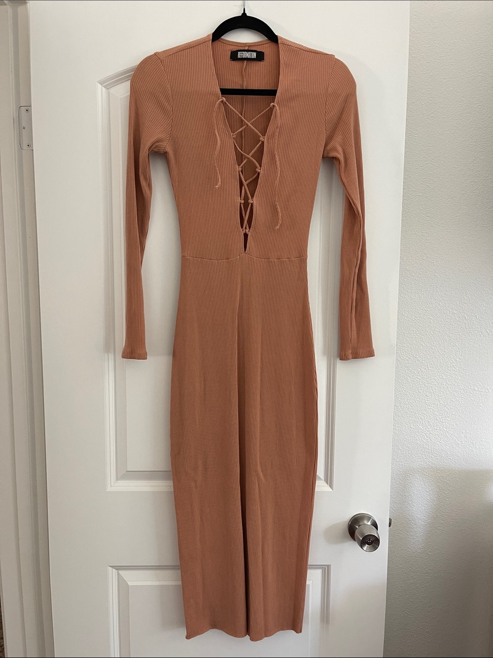 Reformation Lace-Up Long Sleeve Midi Dress in Clay
